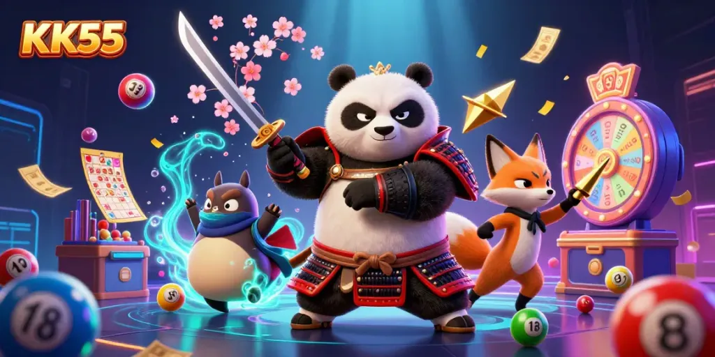KK55 brings excitement with a samurai panda and ninja fox in a vibrant casino celebration.