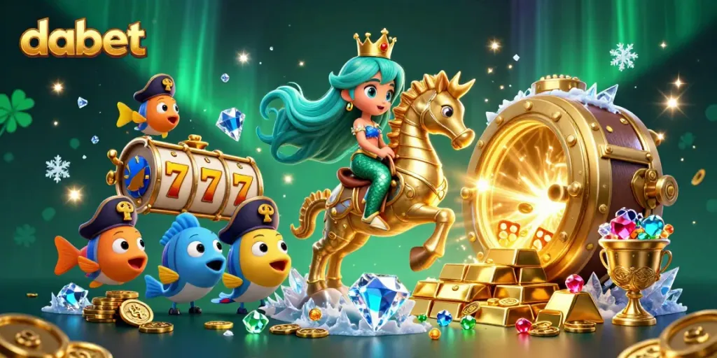 Dabet's vibrant casino atmosphere captured through a mermaid princess and giant seahorse amid treasures.