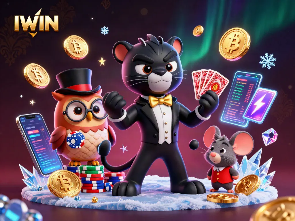 IWIN engages players in a vibrant casino scene with a stylish panther dealer, owl, and lucky mouse.