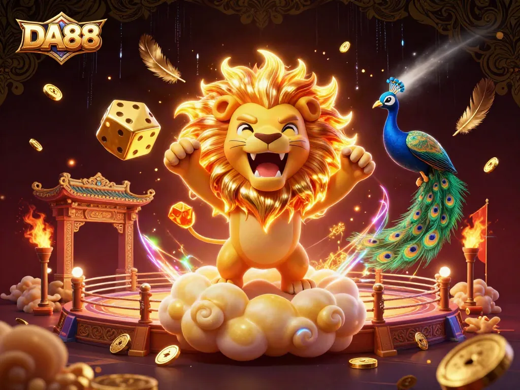 Immerse in the exciting world of DA88 as a roaring lion and golden dice embody thrilling bets in high-stakes gambling.