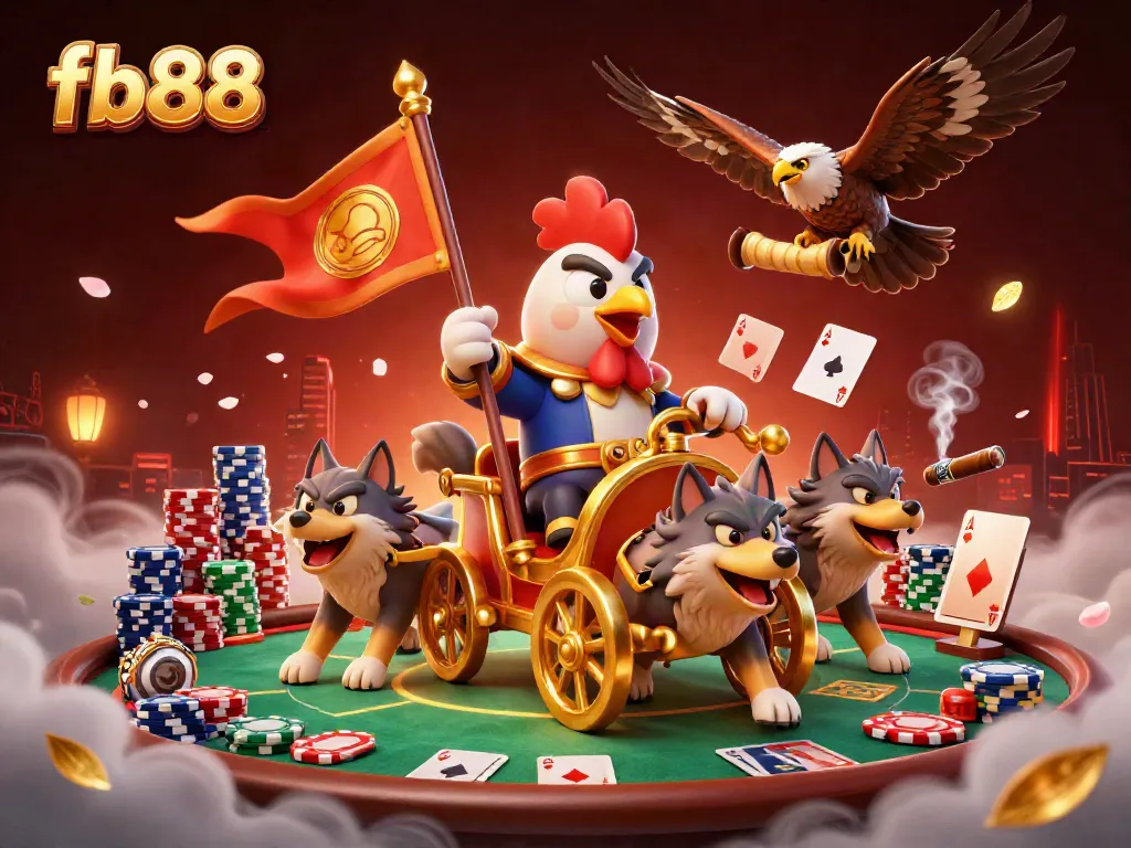 Experience the thrill of fb88 with a dynamic casino scene featuring a rooster warlord and poker elements.