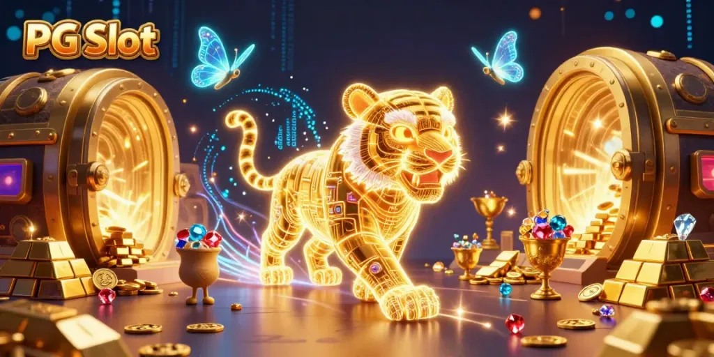 Experience thrilling PG Slot adventures with a neon-wireframe tiger in a vibrant digital casino.