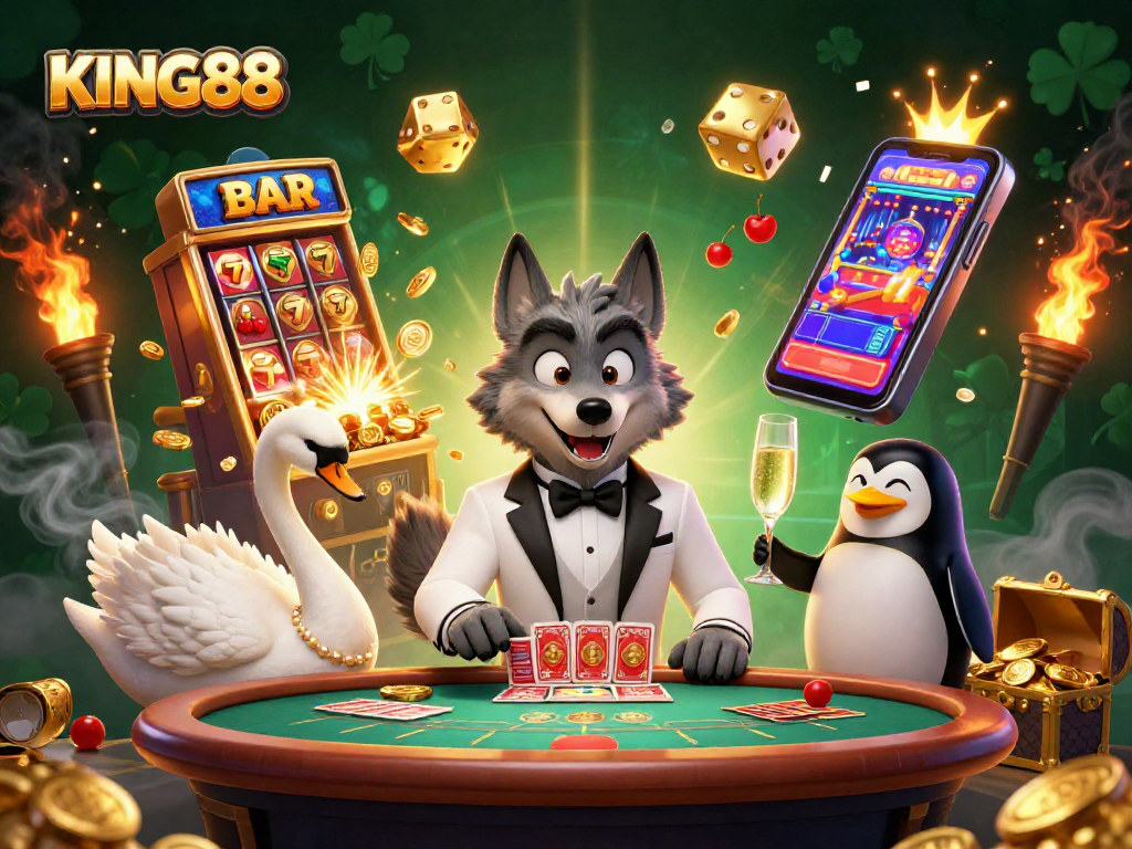Experience the thrill of gaming at KING88 with a stylish wolf, elegant swan, and refined penguin amidst casino elements.