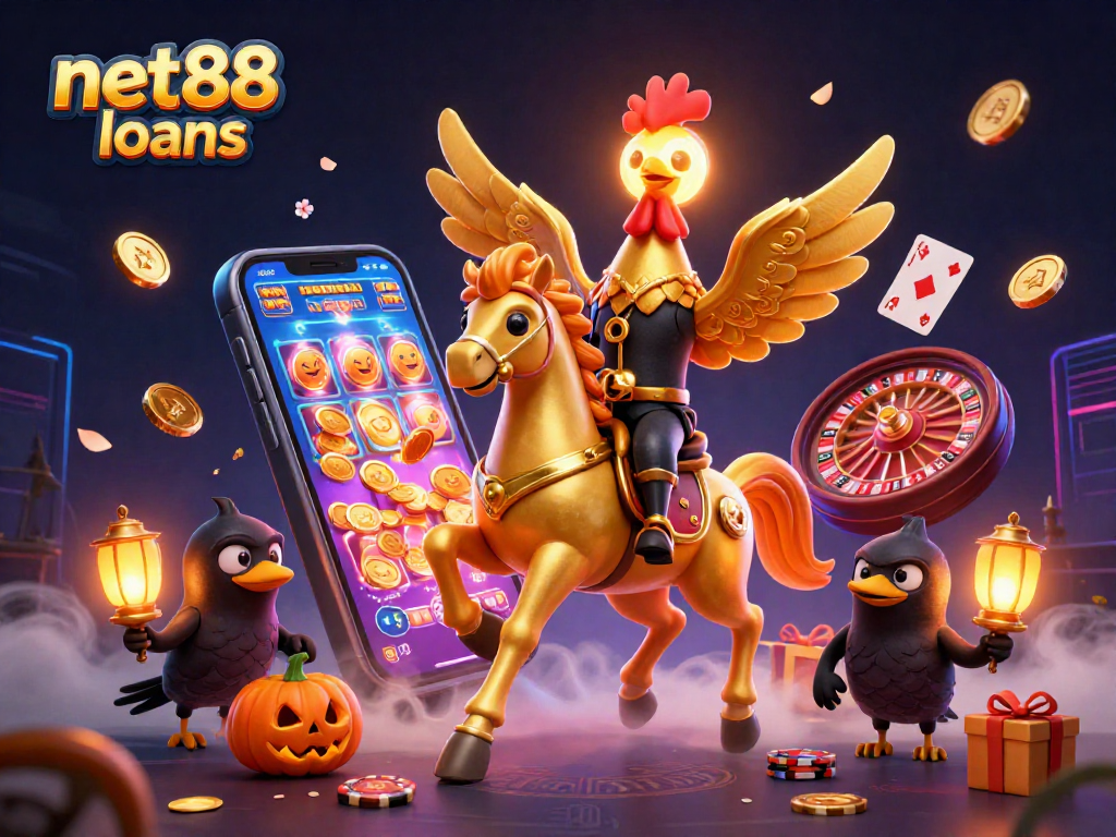 Engage with thrilling net88 loans opportunities in this vibrant casino scene featuring a golden rooster and dynamic gaming elements.