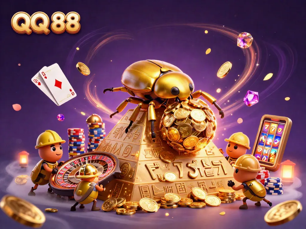 Experience the excitement with QQ 88 as golden coins cascade around a vibrant casino scene.