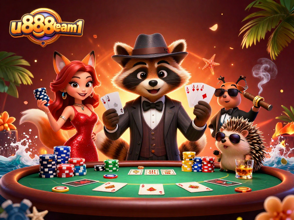 Experience u888team1's vibrant poker scene with a raccoon, fox, and hedgehog casino characters.