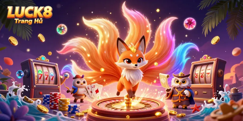 Win big at LUCK8 Trang Chủ with a magical illustration of a nine-tailed fox and owl amidst dazzling casino elements.