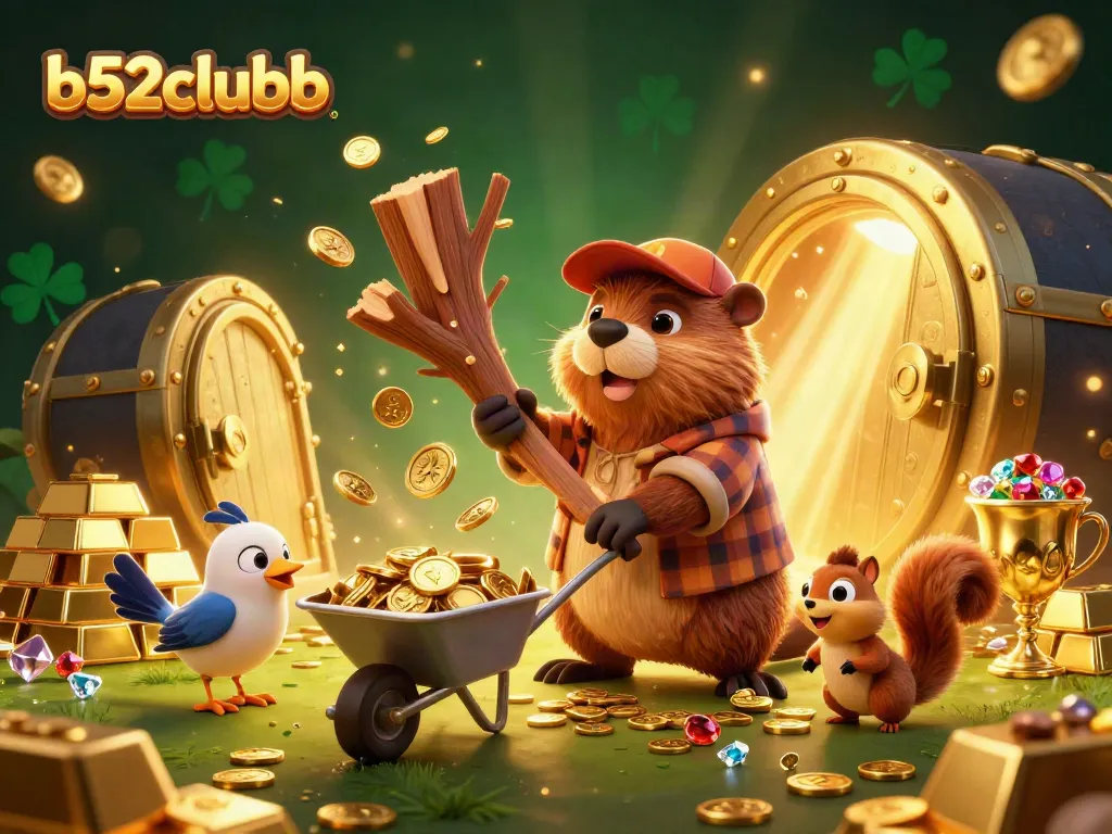 Join the fun with b52clubb as our cartoon beaver collects golden coins in a vibrant casino scene.