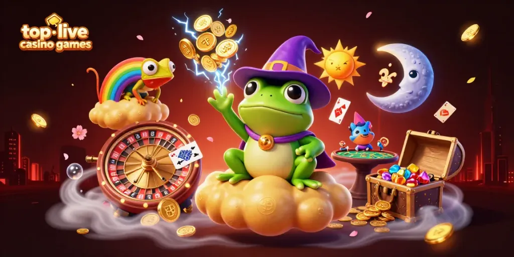 Win with the top live casino games in this vibrant 3D whimsical illustration depicting classic table action.