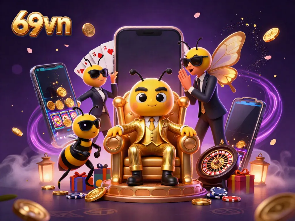 Engage with 69vn’s vibrant casino energy through a 3D bumblebee mob boss scene, full of game action.