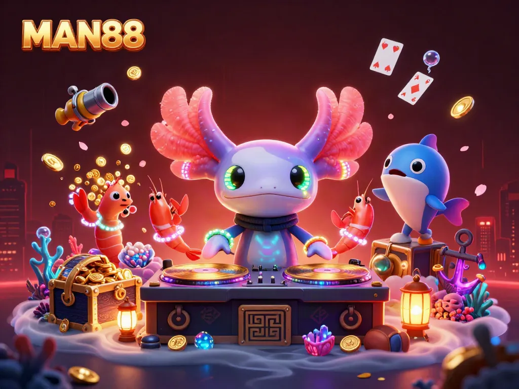 Experience vibrant games at MAN88 with a neon axolotl DJ spinning undersea treasures and lively creatures.