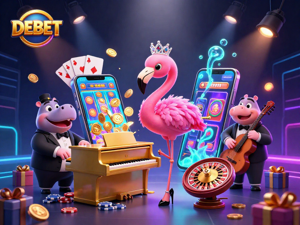 Engage in DEBET strategies while enjoying dynamic casino delights of a flamingo singer and hippo bassist.
