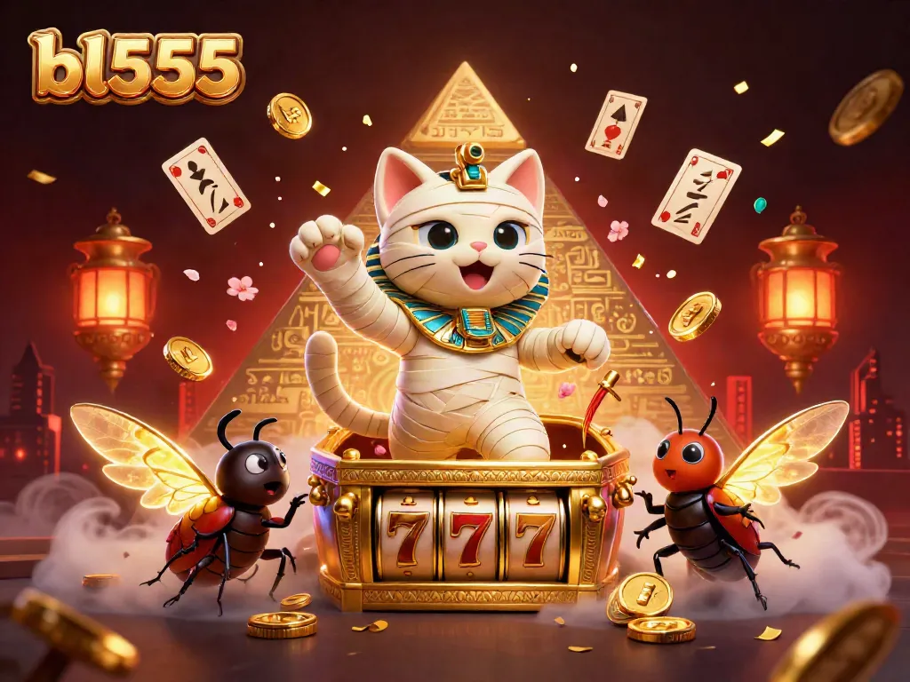 Engage with the vibrant casino atmosphere in bl555 featuring a cartoon mummy cat and gold-themed elements.