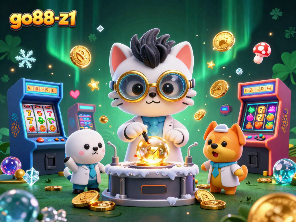 Engage with go88-z1's vibrant casino scene featuring a mad scientist cat and gaming elements.