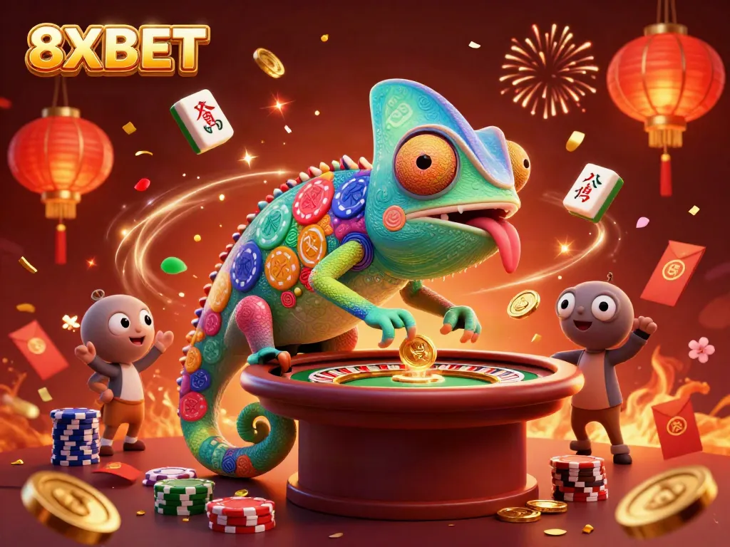 Engage with the vibrant 8XBET casino scene featuring a colorful chameleon and exciting game elements.