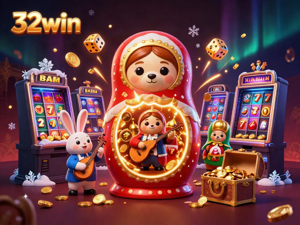 Engage in thrilling gameplay at 32win with this vibrant casino illustration showcasing excitement and lavish prizes.