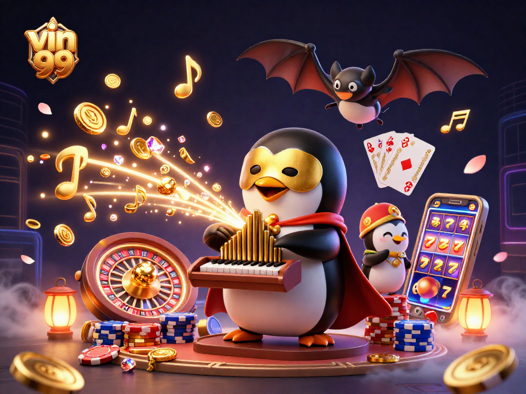 Experience the excitement of vin 99's dynamic casino atmosphere with golden coins cascading and vivid game elements.