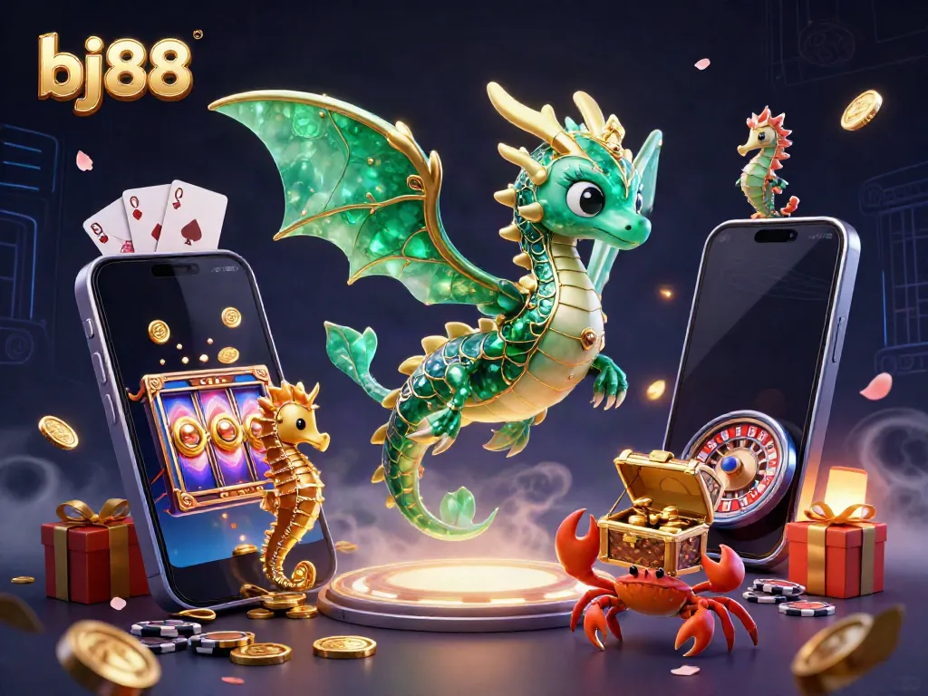 Experience exciting casino games with bj88's colorful underwater 3D scene featuring a sea dragon and slot games.