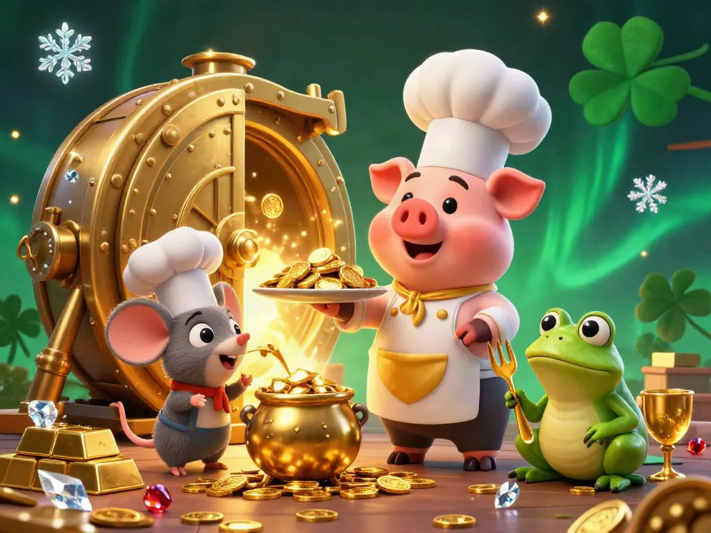 Join the fun at top paying online casinos with a whimsical chef pig, sous-chef mouse, and critic frog surrounded by gold.