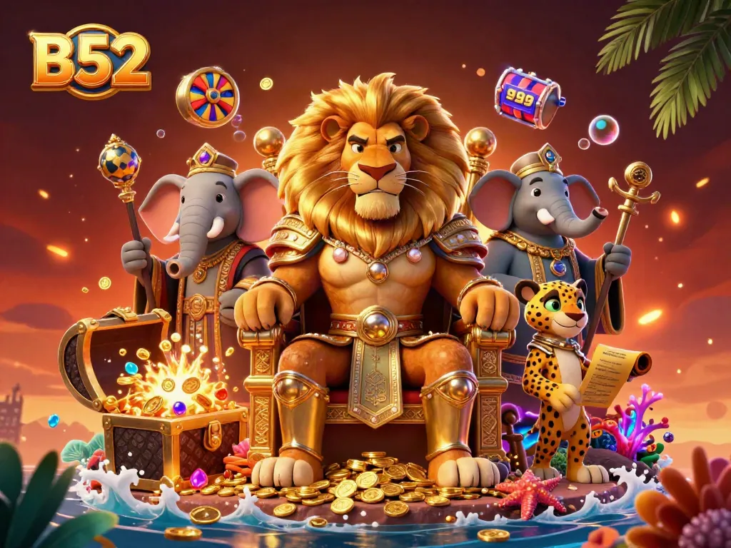 B52 casino-themed illustration showcasing a lion king, elephant advisor, and cheetah messenger amidst vibrant slot reels and treasure.
