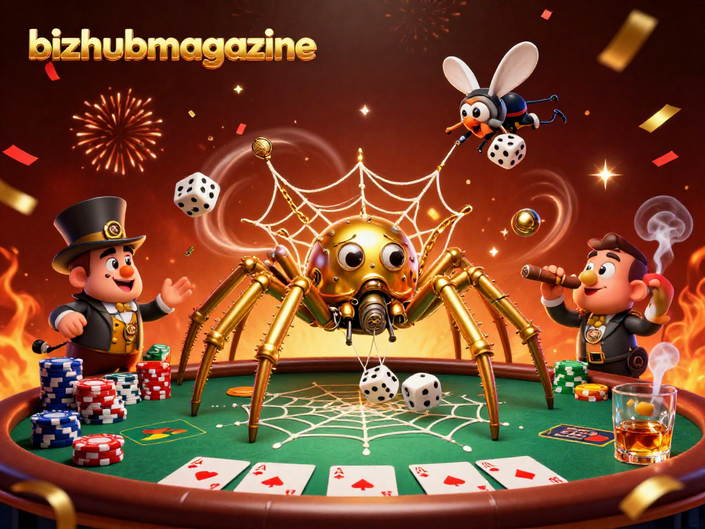 Engaging scene from bizhubmagazine showcases a steampunk spider trapping dice at a poker table.