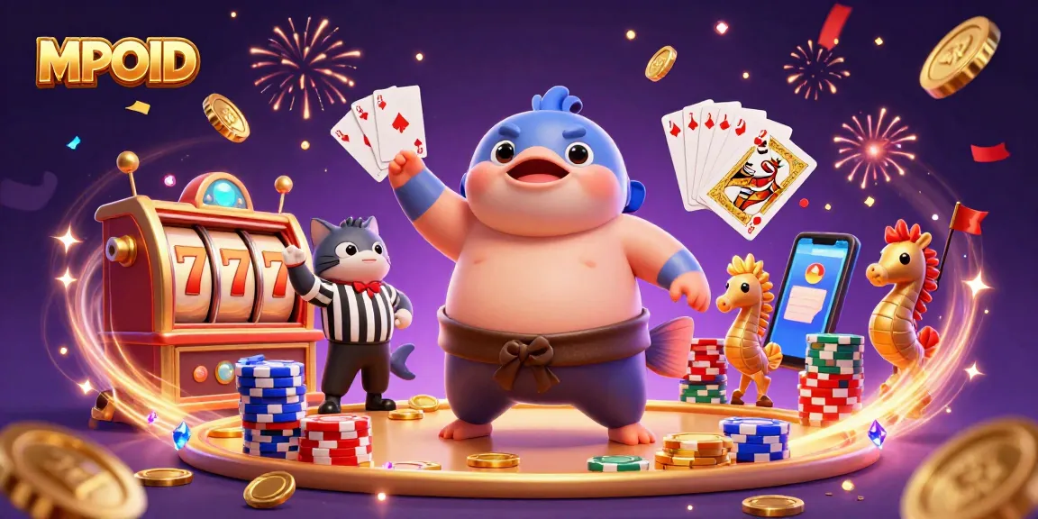 MPOID brings excitement with a fun gambling scene featuring a fugu blowfish, catfish referee, slot machines, and festive elements