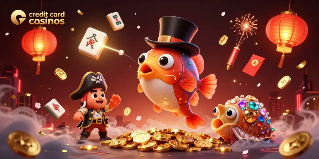 Dynamic scene showcasing credit card casinos with colorful characters and gaming elements.