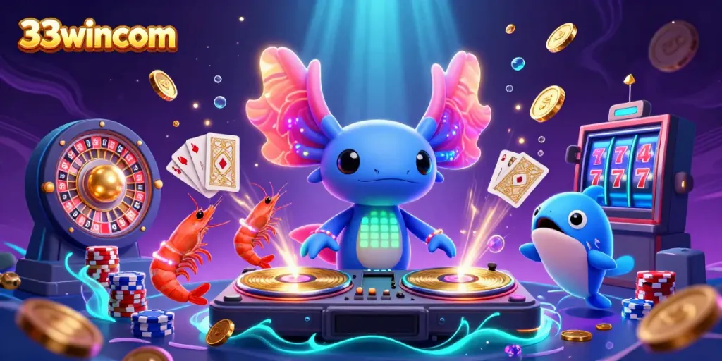 Experience the excitement of 33wincom with vibrant casino elements and dynamic characters in an underwater scene.