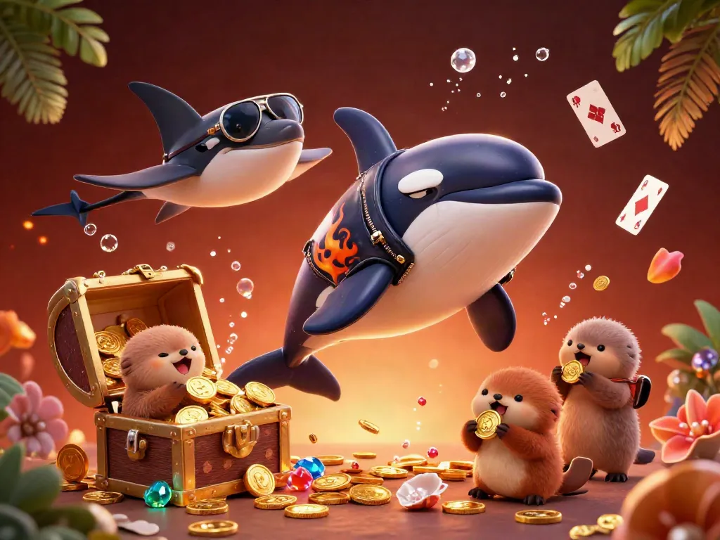 XIN88 whale and friends celebrate winnings in a vibrant underwater casino scene.