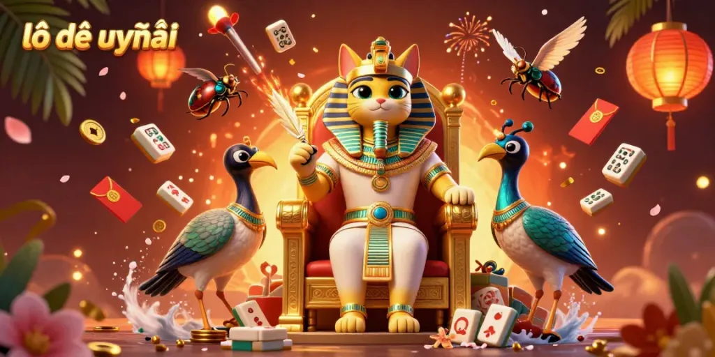 Engaging scene depicting the theme of lô đề uy tín with an Egyptian pharaoh cat, lucky symbols, and festive decorations.