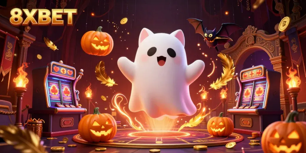 Engage with thrilling 8XBET casino adventures featuring a ghost cat and bat in a vibrant haunted setting.