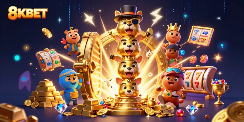 Experience the vibrant 8KBET casino world with animated characters and exciting gaming elements.