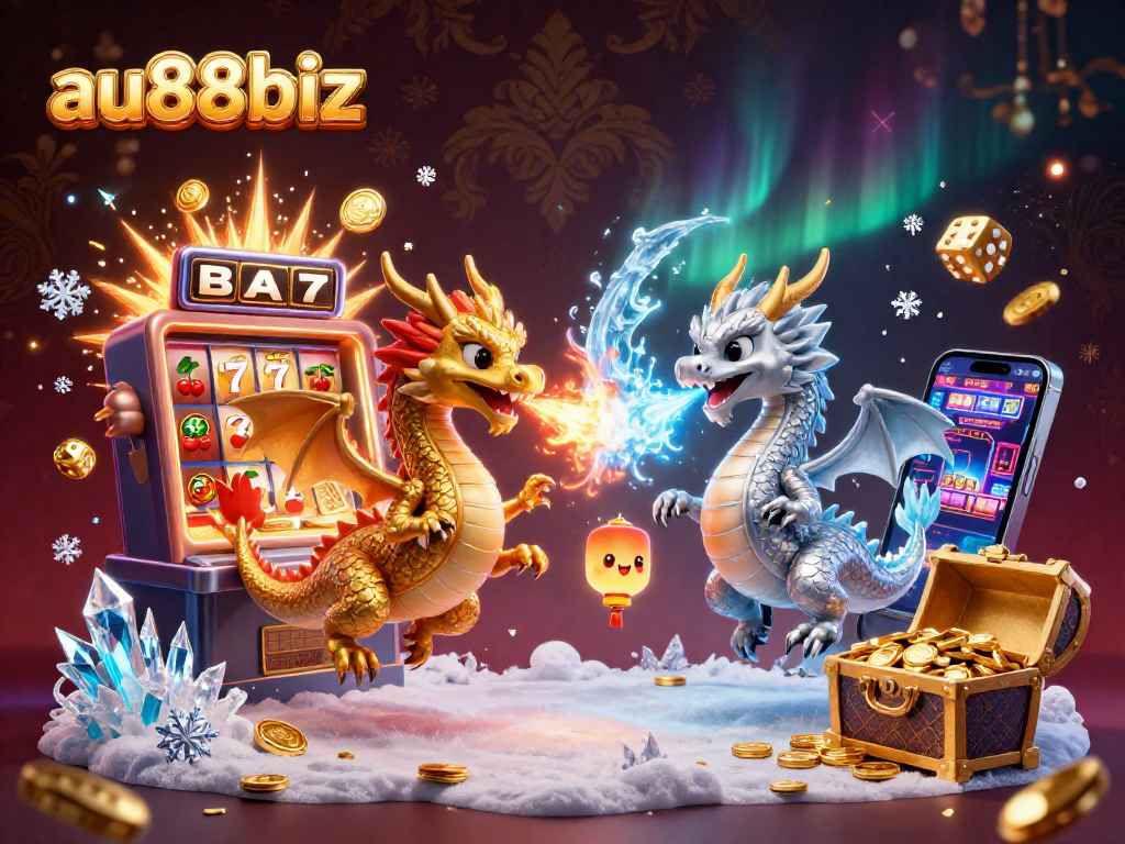 Experience thrilling moments at au88biz with cartoon dragons amidst a dynamic casino scene.