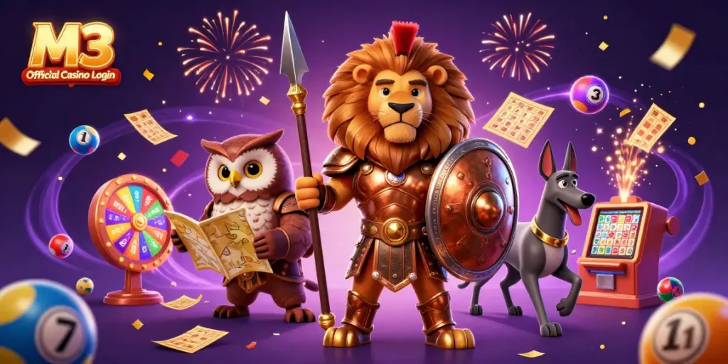 Join the excitement with M3 Official Casino Login featuring vibrant lottery elements and immersive characters.