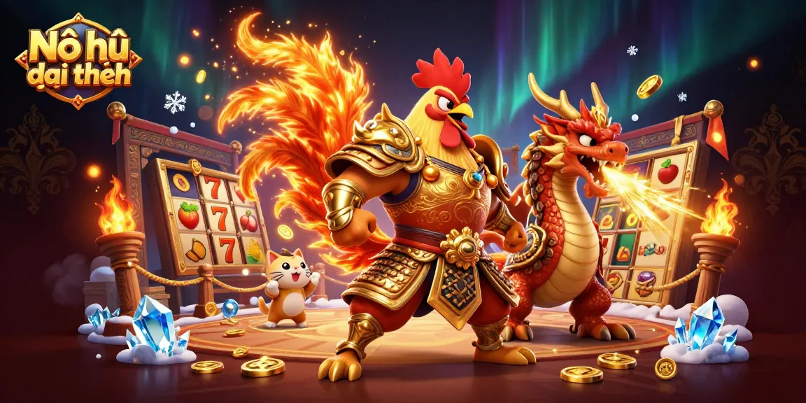 Nổ hũ đổi thưởng scene showcasing animated rooster warrior and dragon hatchling amidst vibrant slot game elements