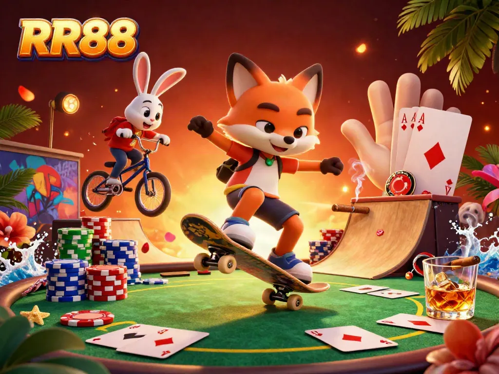 RR88 showcases a vibrant 3D illustration with a skateboarder fox and rabbit, featuring poker elements in a lively casino setting.
