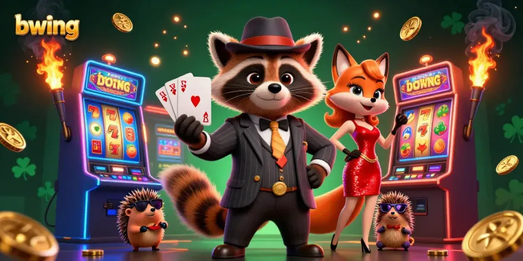 Experience the thrill of bwing with this vibrant casino scene featuring a suave raccoon holding a royal flush.