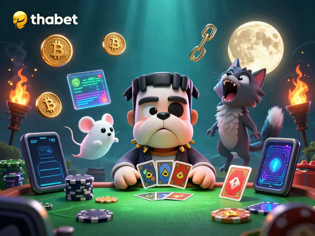 Explore thrilling card games at thabet with a spooky casino scene packed with unique characters.