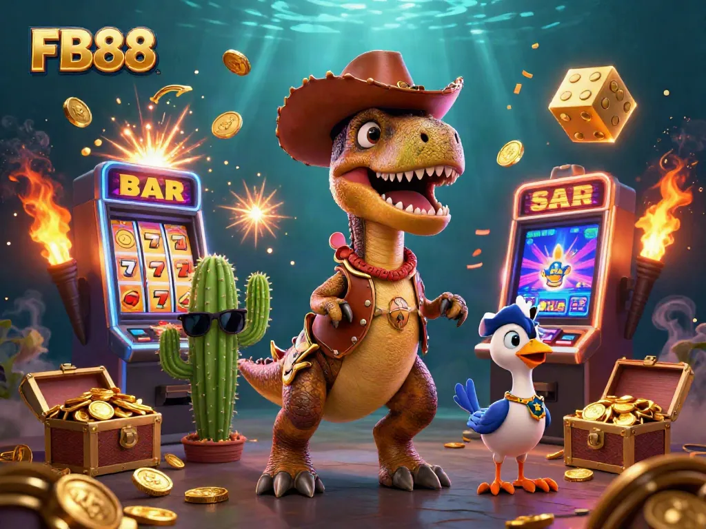 Experience thrilling gaming at FB88 with T-Rex and friends amidst a vibrant casino atmosphere.