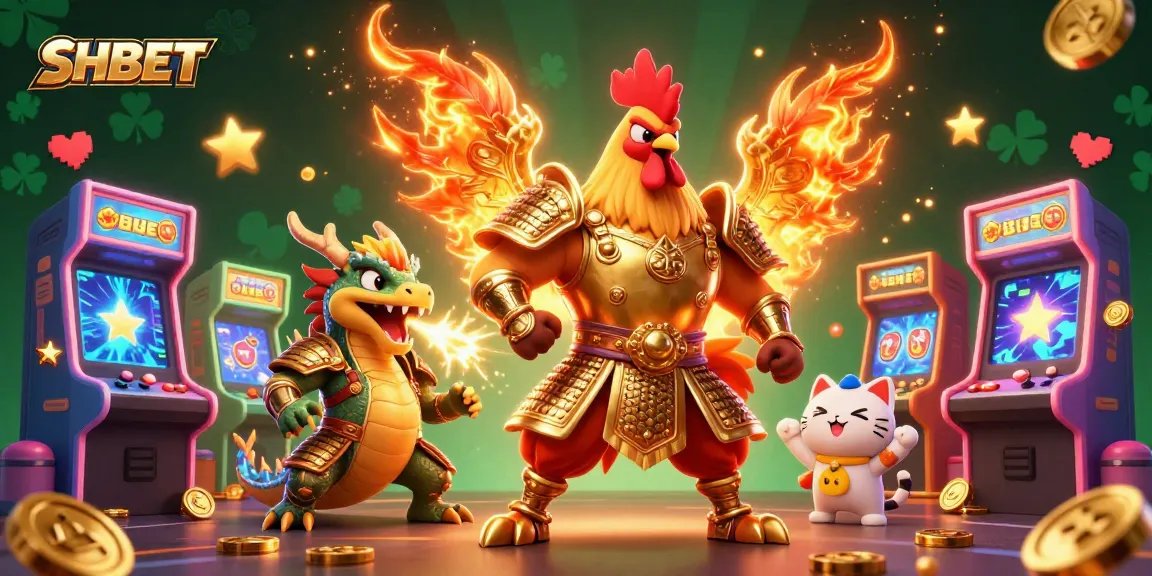 Win big at SHBET with a dynamic scene featuring fighting rooster warriors, dragons, and arcade game action.