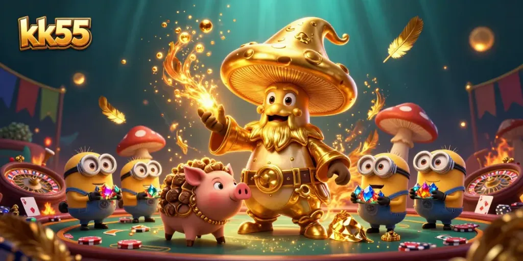 Experience thrilling magic in kk55 with a golden mushroom wizard and treasures in a vibrant casino.