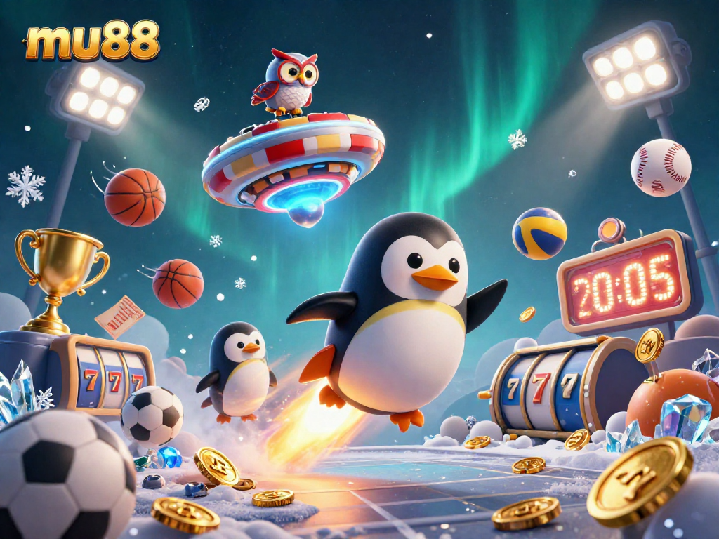 Engage with the exciting universe of mu88 as a penguin blasts towards a casino in outer space, surrounded by vibrant casino elements.