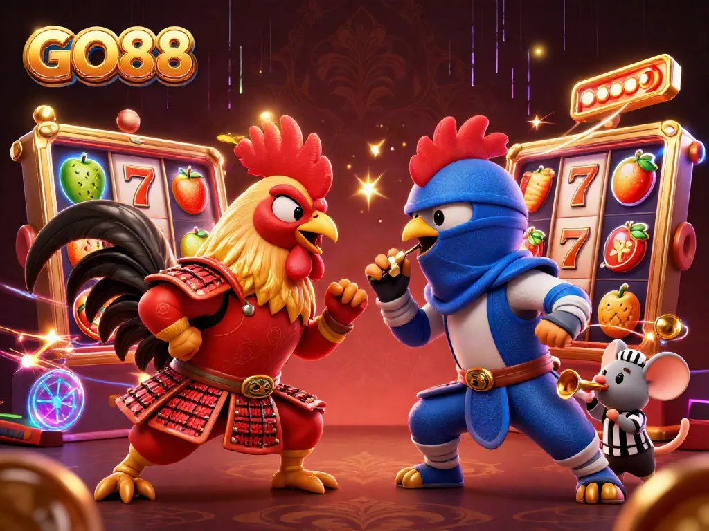 Experience GO88's thrilling standoff featuring samurai and ninja roosters in a vibrant casino setting.