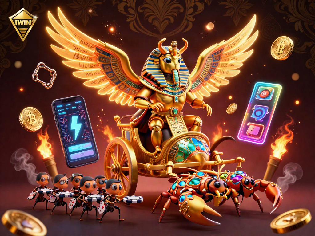 IWIN showcases an imaginative casino scene with golden scarab and scorpions symbolizing gaming victory.