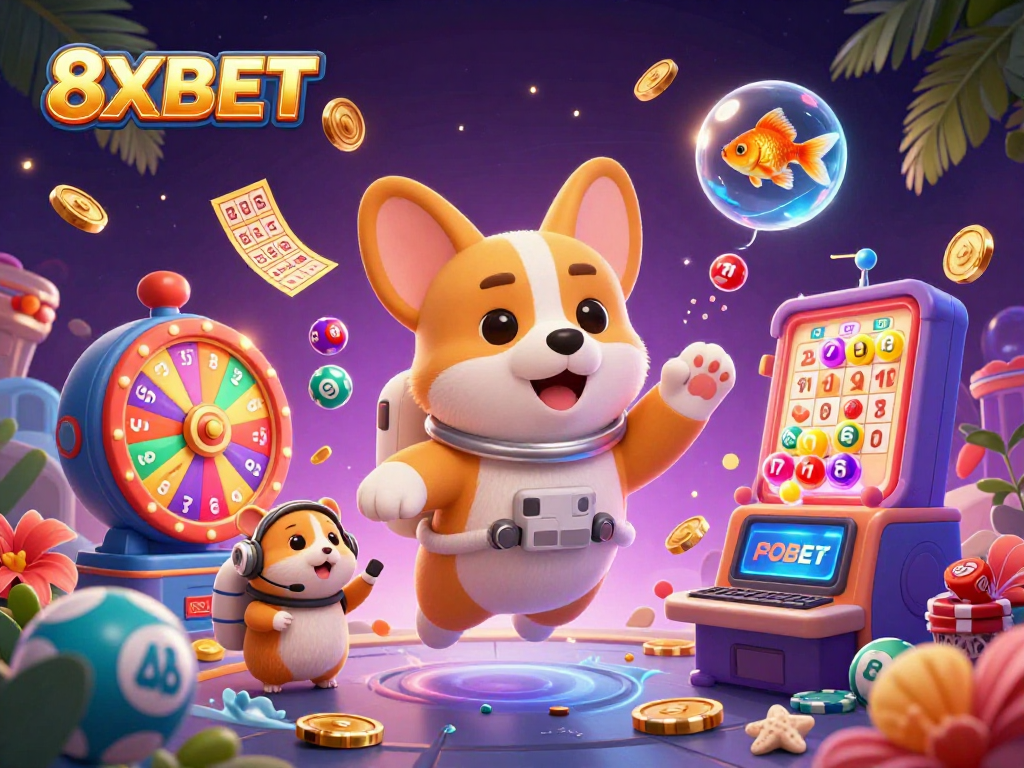 Engage in thrilling gaming at 8XBET with astronauts and animated casino elements in a vibrant atmosphere.