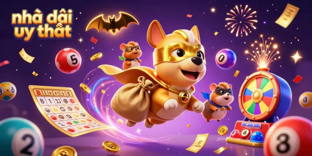 Engaging scene showcasing Nhà cái uy tín with a superhero dog flying with golden coins amidst a festive casino atmosphere.