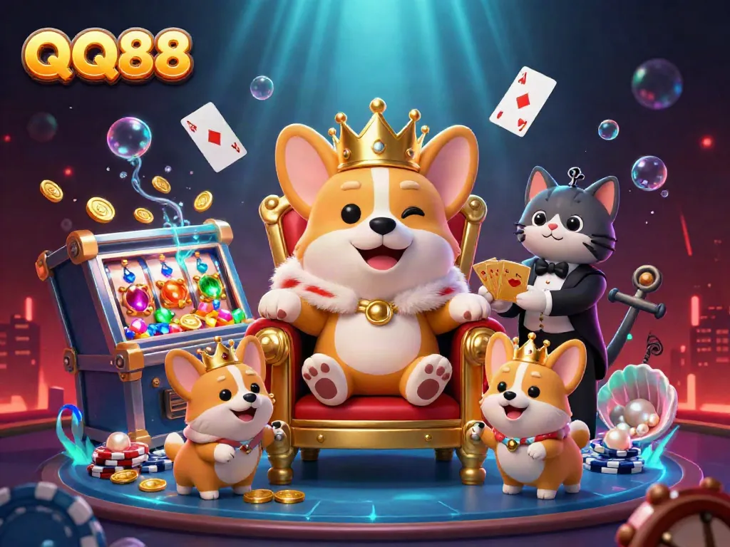 Experience the thrilling world of QQ88 with a royal corgi among gaming treasures and vibrant colors.