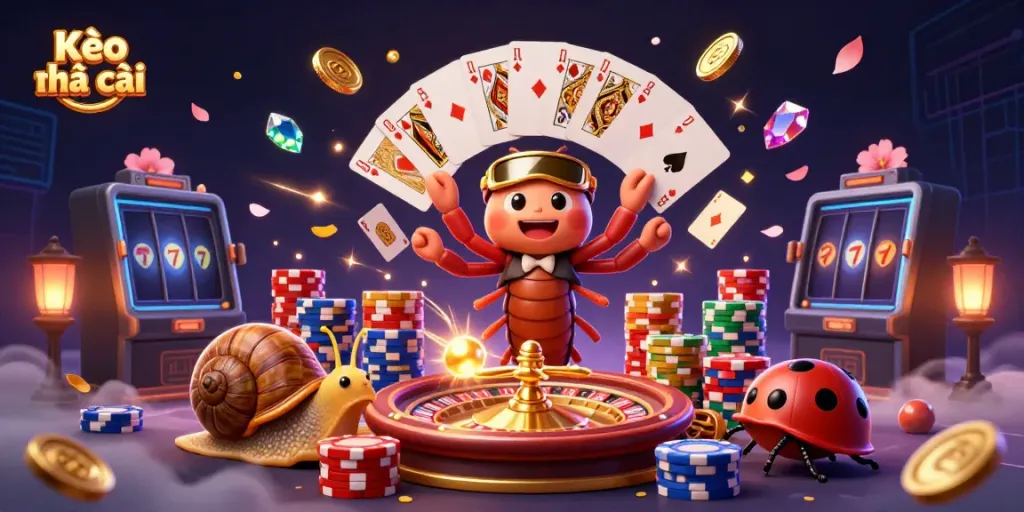 Kèo nhà cái promotional 3D scene featuring an animated millipede dealer, gemstone coins, and roulette wheel.