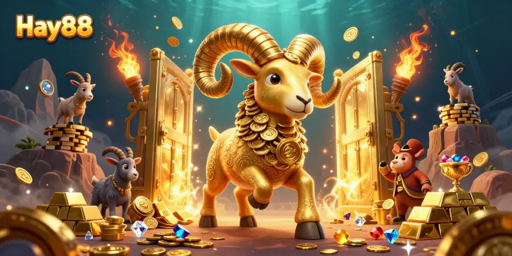 Experience thrilling gaming moments with Hay88's golden ram and shimmering treasures in this vibrant casino scene.