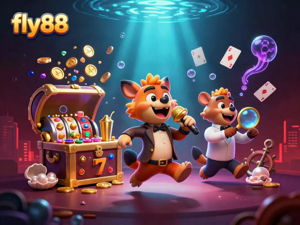 Experience laughter and excitement at fly88's comedy casino club featuring hyenas with vibrant underwater elements.